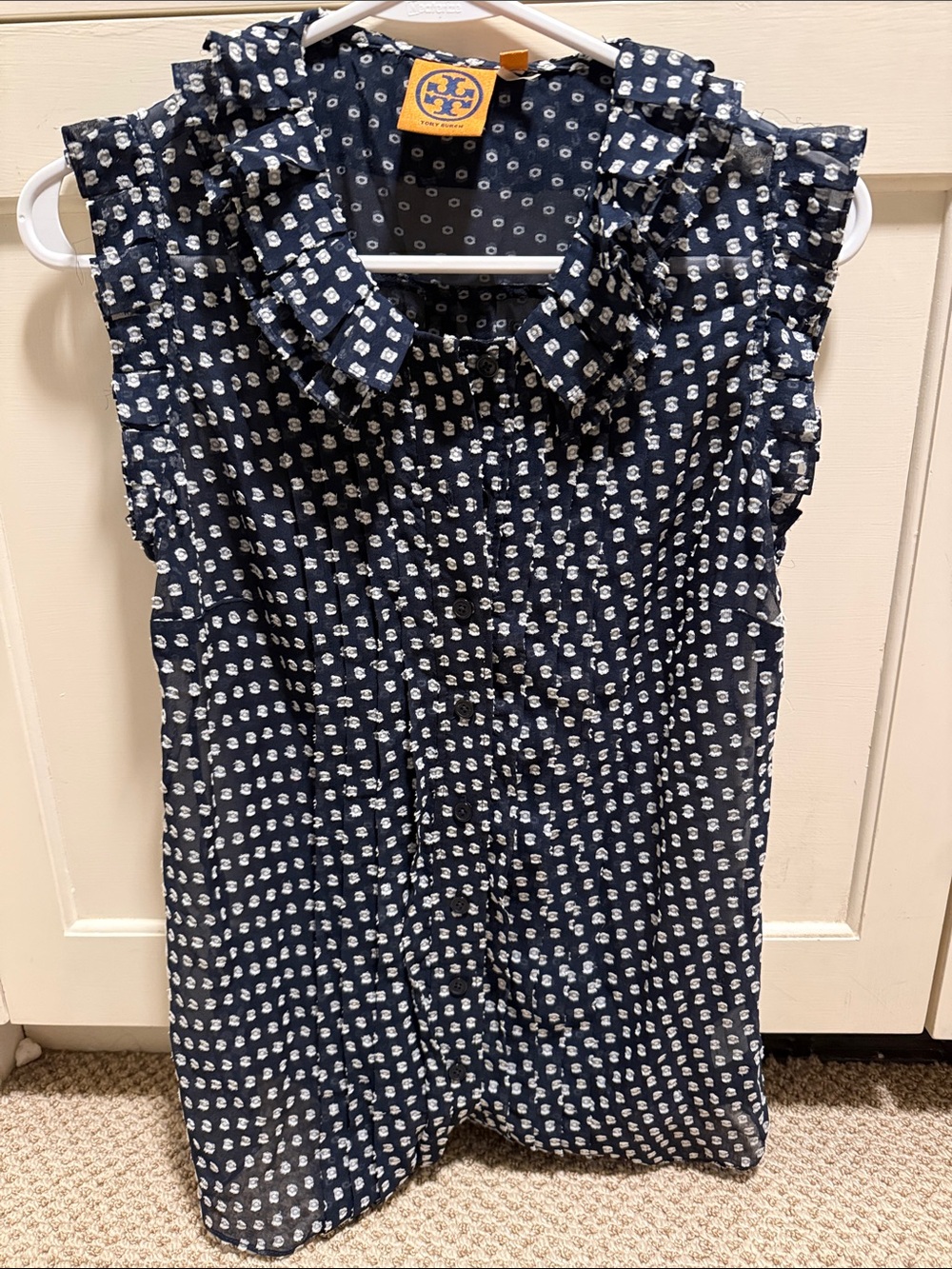 Tory Burch Navy Sleeveless Ruffle-Collar Camisole with White Dot Print